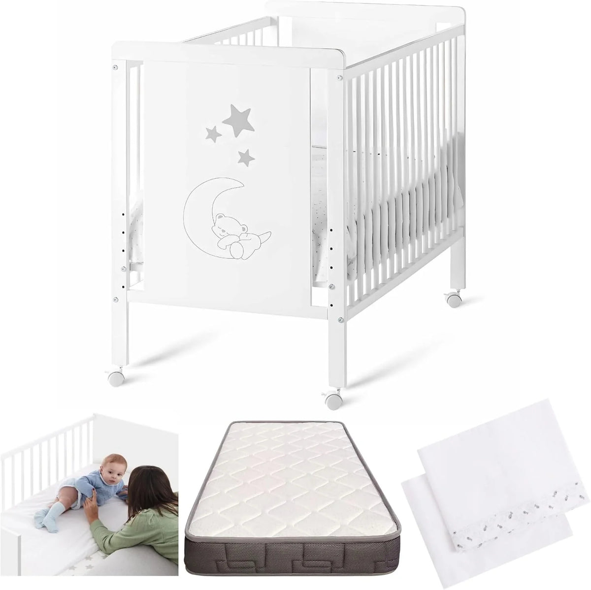 Cuna Co-Leito para Bebê, Kit para Unir a Cama com a Cama dos Pais, Colchão HR Morfeo Certificado Oeko-Tex® e CertiPUR, 4 Rodas, Lençol com Elástico e Lençol de Cima de Algodão Natural. Indi CoolDreams CoolDreams