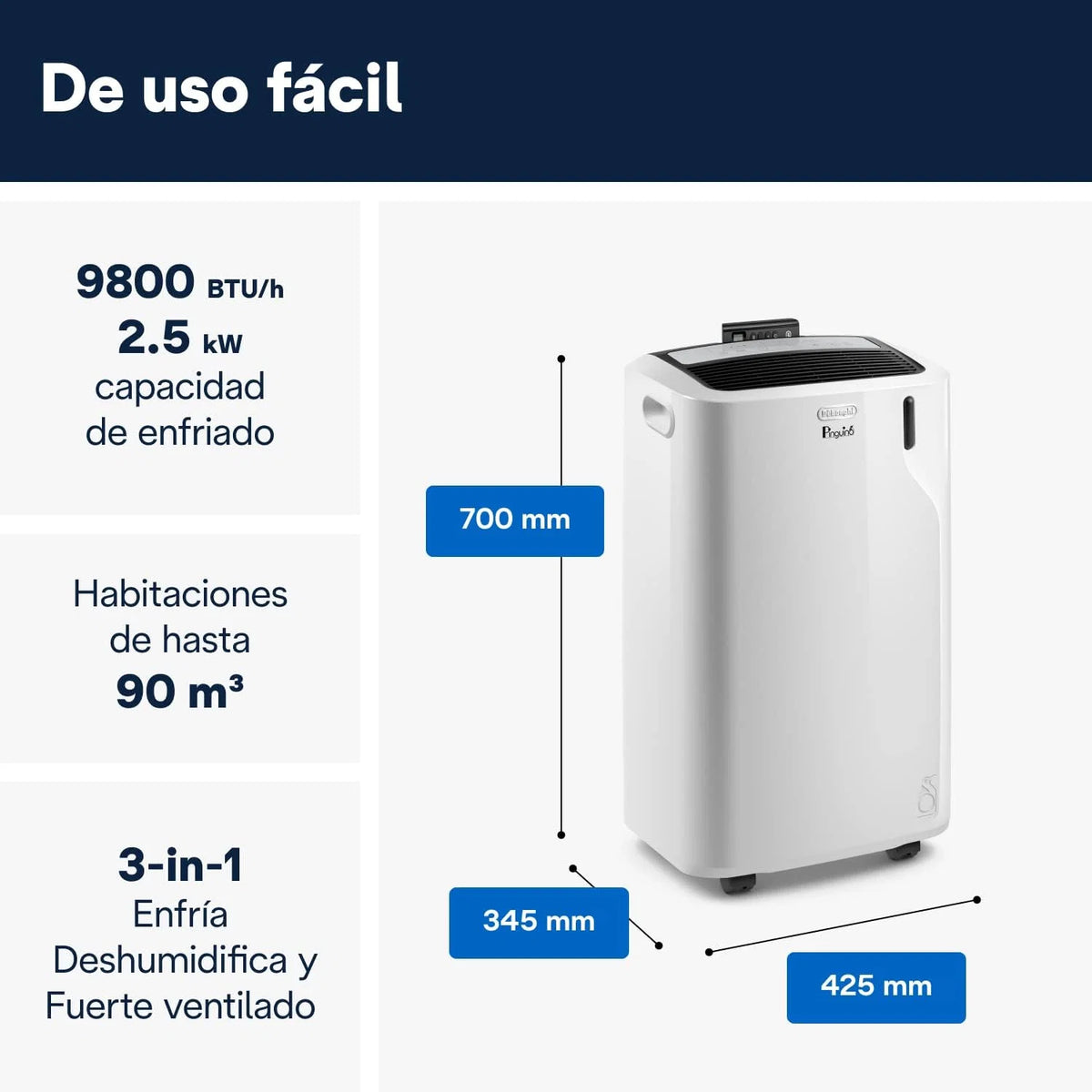 Pinguino PAC EM90K SILENT Ar Condicionado Portátil 9.800 BTU/h, 2.5 kW, até 85m³, Função Desumidificador e Ventilação