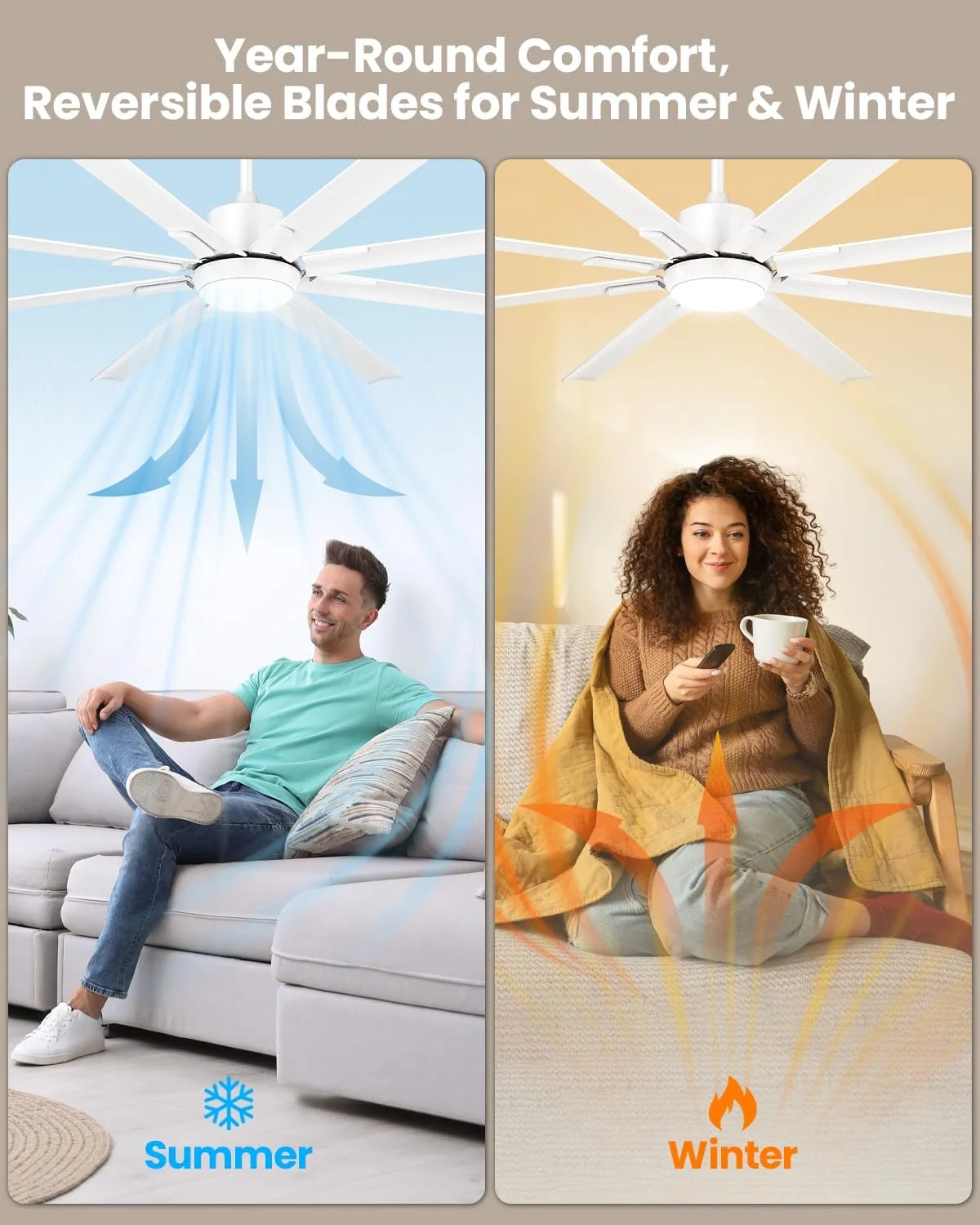 Ventilador de Teto com Luz e Controle Remoto de 183cm, Extra Grande, 8 Pás de Alumínio, Silencioso, Lâmpada de Teto com Motor DC Reversível para Varanda Externa, Quarto Grande