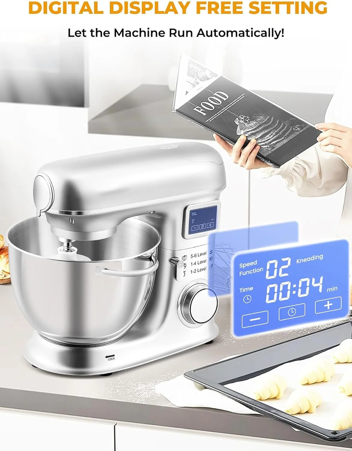 Batedeira planetária de 8L - Batedeira elétrica de cozinha com tela LED, 6 velocidades, cabeça inclinável, tigela de aço inoxidável, inclui moedor de carne, gancho de massa, batedor
