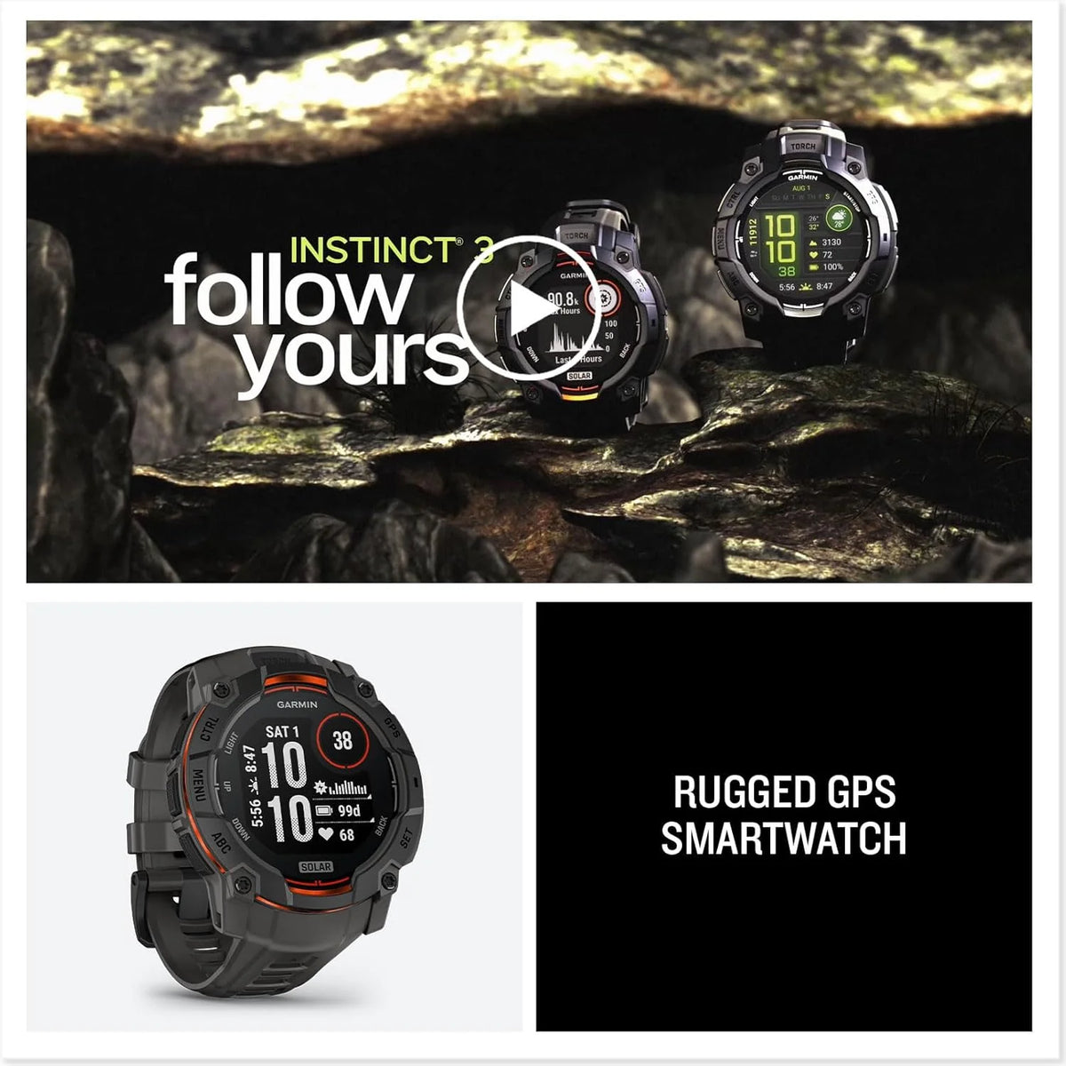 Smartwatch Garmin Instinct 3 GPS 50mm, Solar, Bisel Preto