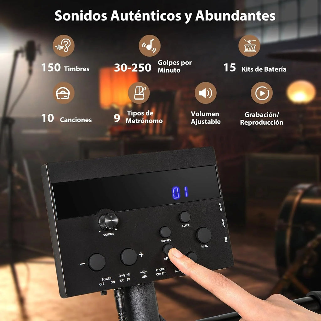 GOPLUS Bateria Eletrônica Completa Dobrável com 150 Sons, Pads de Malha, Pratos de Silicone, 10 Músicas, 9 Tipos de Metrônomo, USB Midi, 2 Pedais, 2 Baquetas, Assento Ajustável