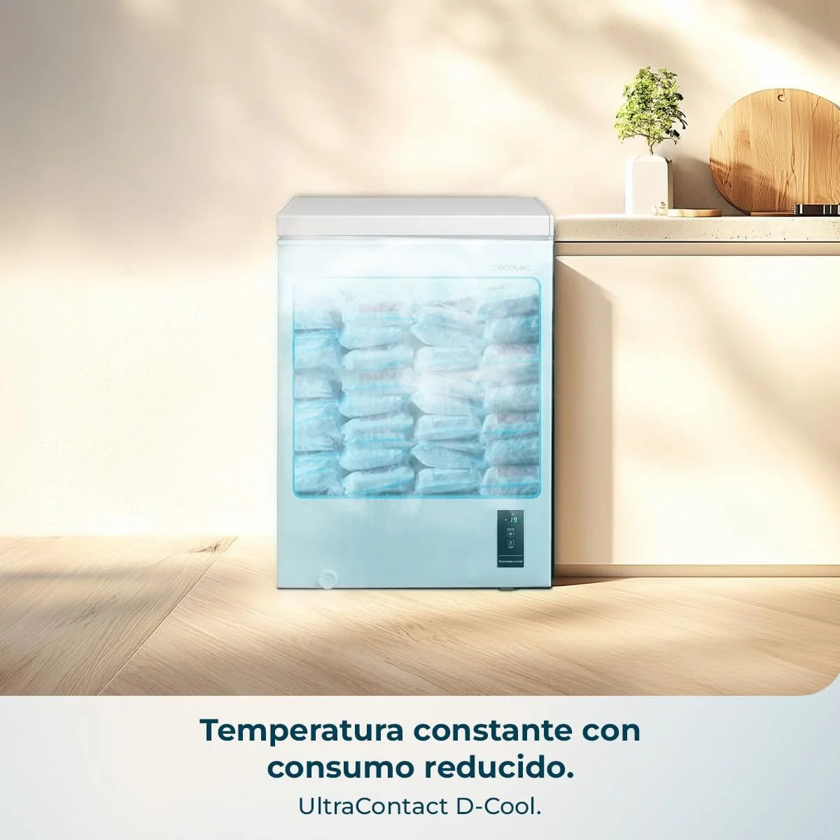 Cecotec Congelador Horizontal 143L Bolero CoolMarket Chest 143P Branco E. Cesto com Alças, Controlo Eletrónico LED, UltraContact D-Cool, Função Dupla, Porta ZeroG (80º-30º), Congelação Rápida, Compacto