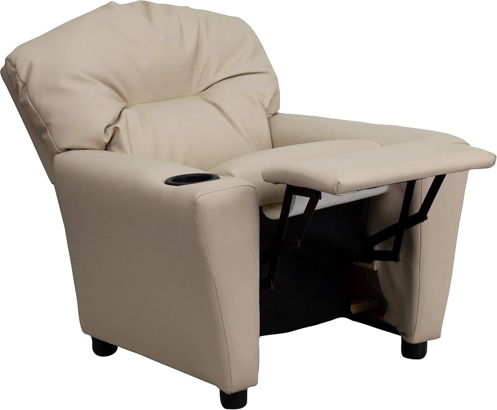 Poltrona Reclinável Infantil Contemporânea Flash Furniture com Porta-Copos, Madeira, Vinil Bege, 66,04 x 53,34 x 53,34 cm