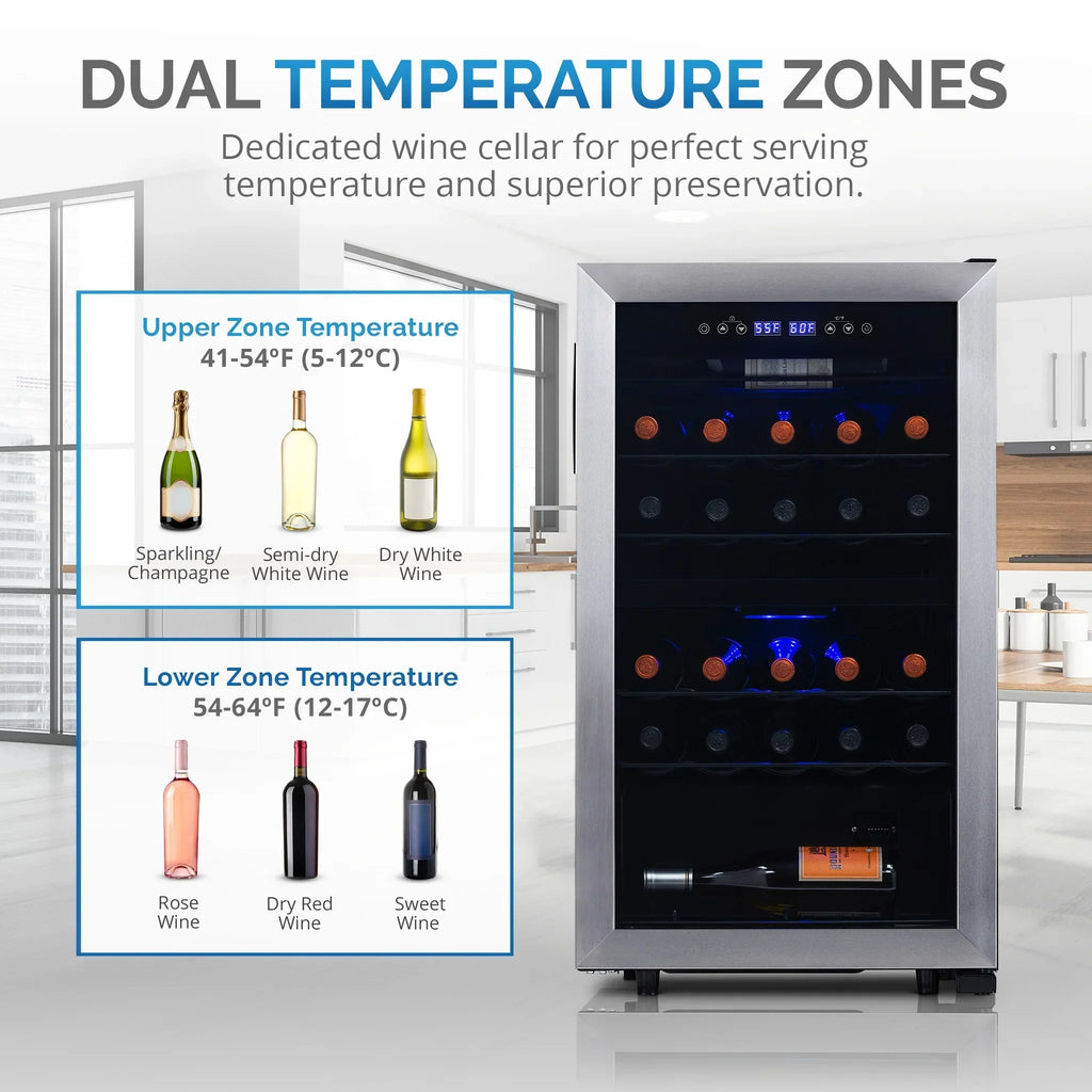 Newair® 2026 Refrigerador de Vinhos Freestanding – 28 Garrafas (48 cm), Duas Zonas, Aço Inoxidável