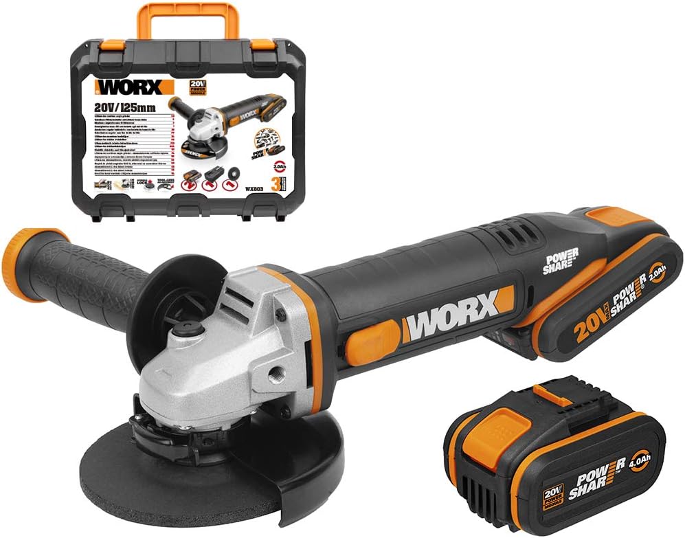 WORX | Esmerilhadeira angular 125mm 20V | PowerShare | WX803 | Inclui 2 baterias de 2Ah e 4Ah | Bloqueio do fuso | Interruptor lateral | Sistema de ajuste rápido sem ferramentas | Punho auxiliar