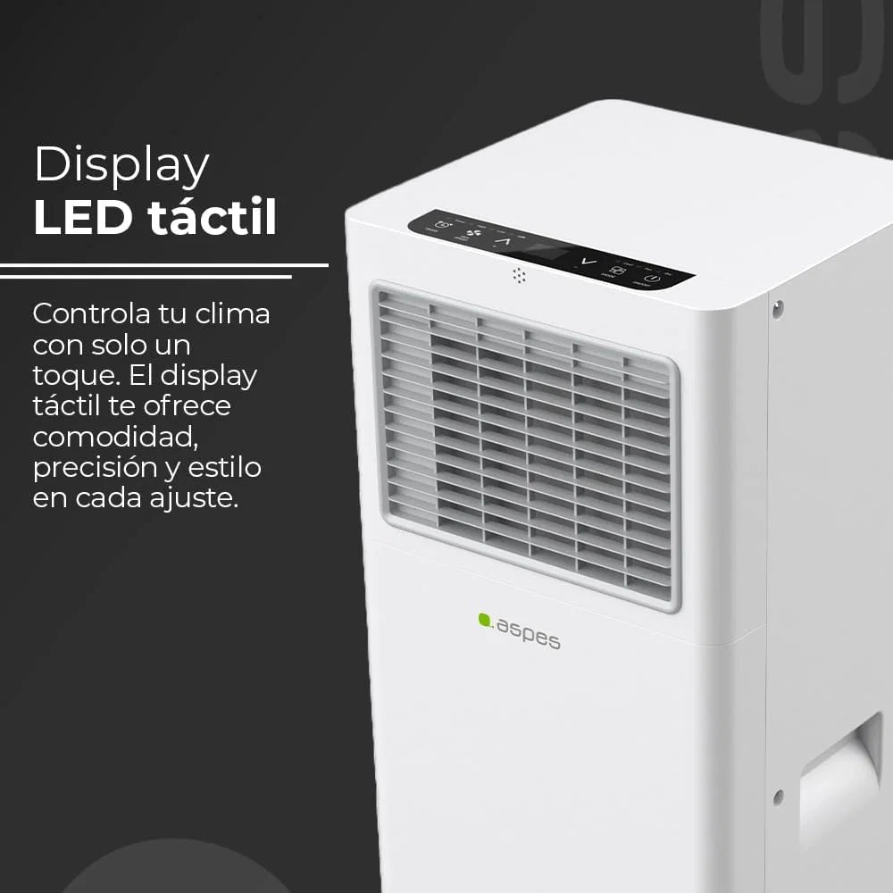 Aspes Aparelho de Ar Condicionado Portátil, 9000 BTU. AAAP900F. Só Frio, Display LED Tátil, Temporizador, Controlo Remoto, Kit de instalação de janela incluído, Classe Energética A
