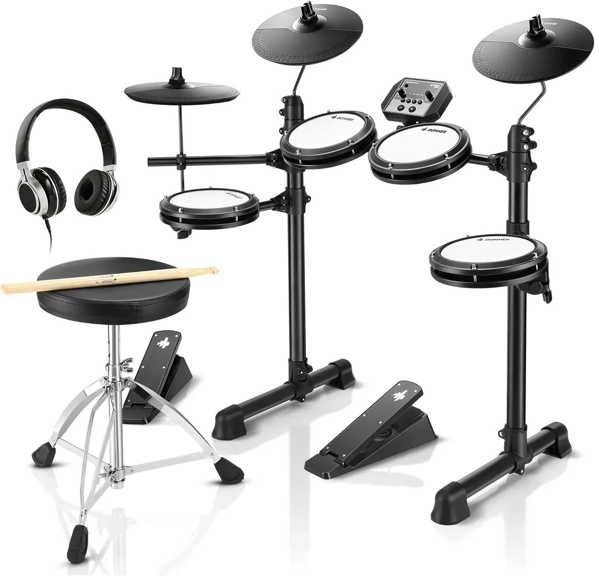 Bateria Eletrônica Musical Donner DED-80 de 7 Peças com Pads de Mesh, 180 Sons, Banco de Bateria, Fone de Ouvido, Baquetas, Presente de Natal de Aniversário para Crianças, 40 Aulas Melodics