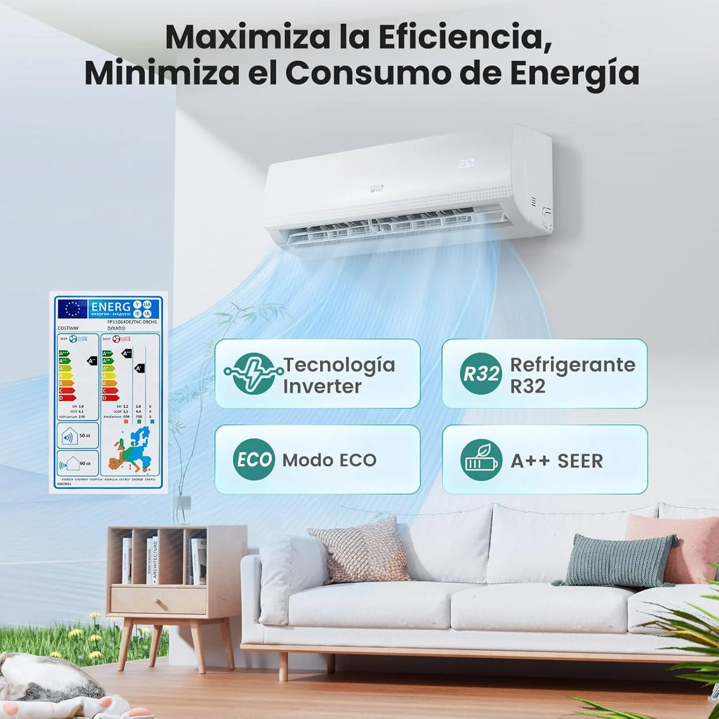 Ar Condicionado Split COSTWAY, 2,6 kW, Ar Condicionado com Aquecimento e Bomba de Calor, Refrigerante: R32, Aquecedor e Resfriador com Kit de Instalação para Cômodos de até 70m³ (9000BTU)