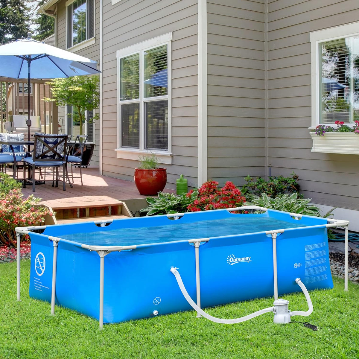 Outsunny Piscina Desmontável Tubular 252x152x65 cm com Bomba Filtrante de Cartucho 1200L/H Piscina Retangular Exterior para Adultos e Crianças 2163L Azul