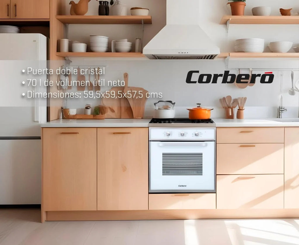Corberó - Forno de Convecção 70L | CCHM603W | 60x60x58 cm | Convencional com 4 Programas | Luz Interior | Limpeza por Hidrólise | Porta de Vidro Duplo | 2100W | Branco com acabamento em Aço Inox