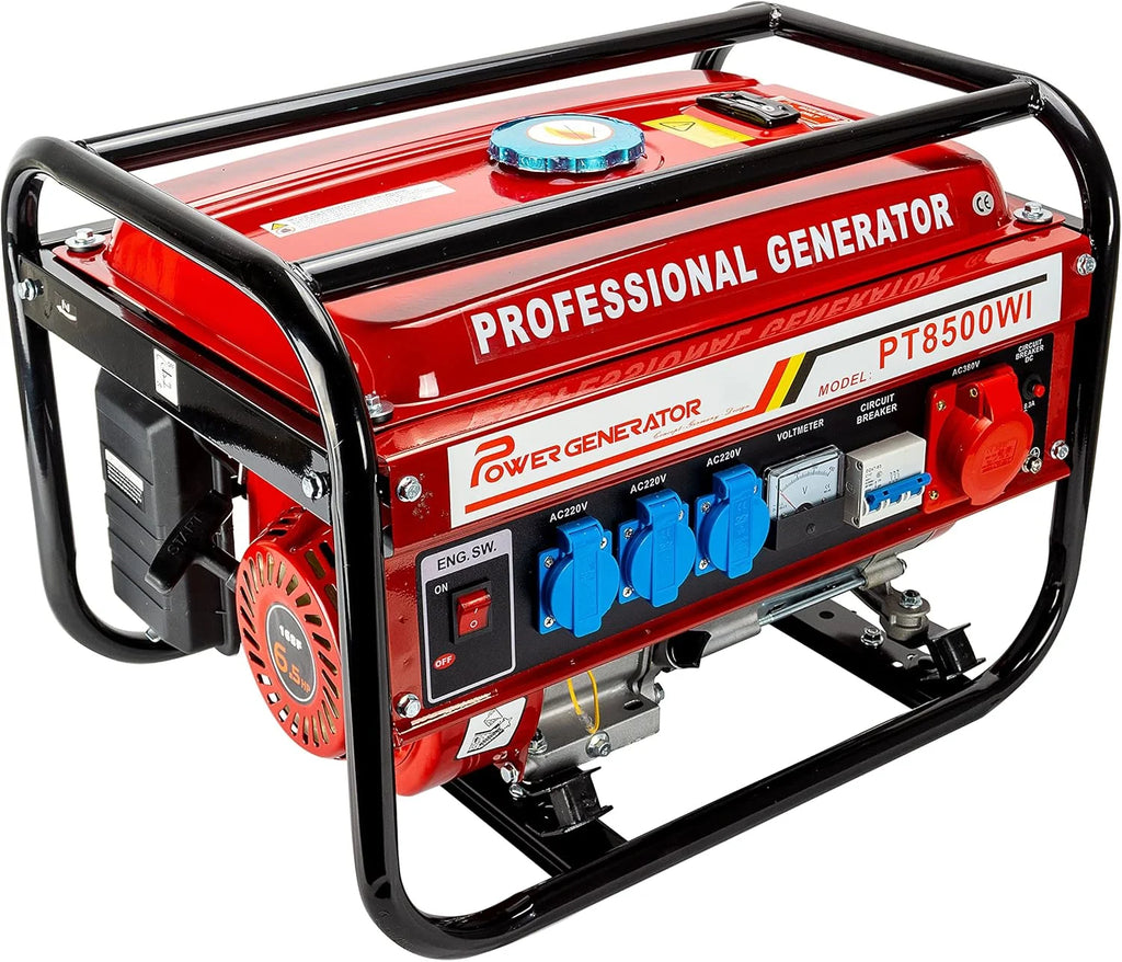 Gerador a gasolina | Acessórios incluídos | Gerador de energia silencioso | 5 tomadas 3 x 230 V / 1 x 400 V / 1 x 12 V | 6,5 CV