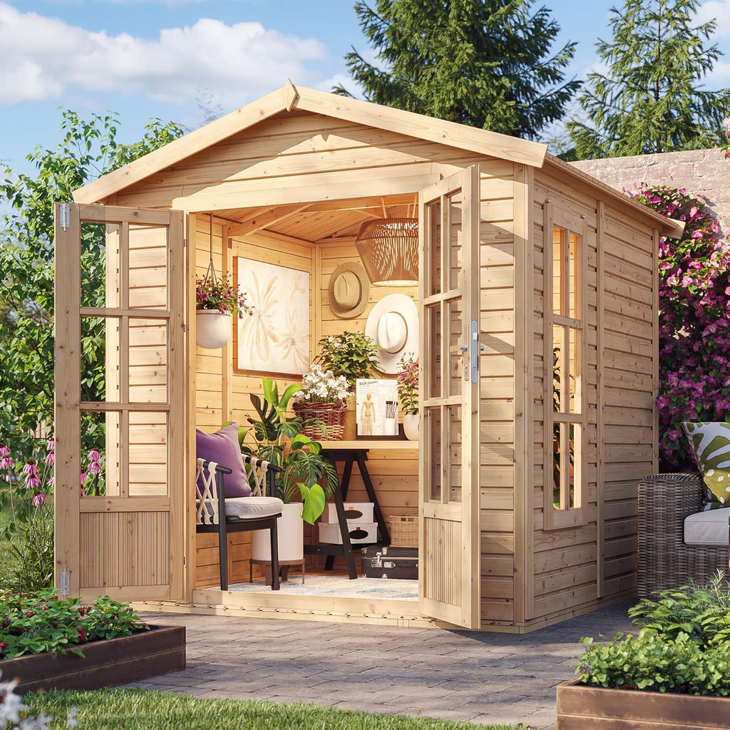 Casinha de Jardim de Madeira com Telhas Betuminosas Cinzentas L233 x P222 x A233 cm, Casinha de Madeira com Chão, Janela, Porta Dupla, Cabana de Jardim, Oficina ou Estúdio de Jardim TIMBELA M351FB