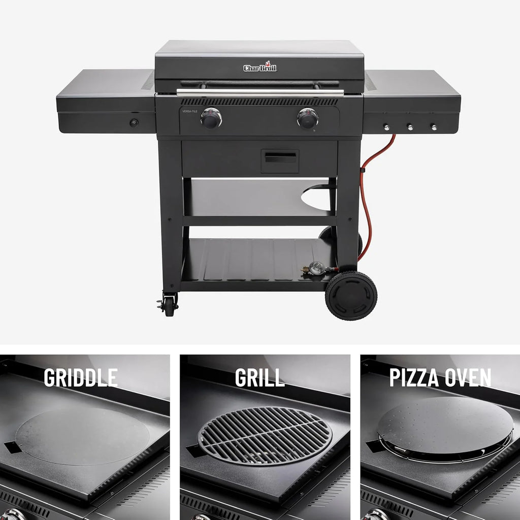 Churrasqueira a Gás Versa-Tile Char-Broil, Plancha a Gás 2 Zonas, Superfície de Cozedura: 70 x 50 cm, Sistema de Módulos 3 em 1: Plancha, Grelha e Forno para Pizza