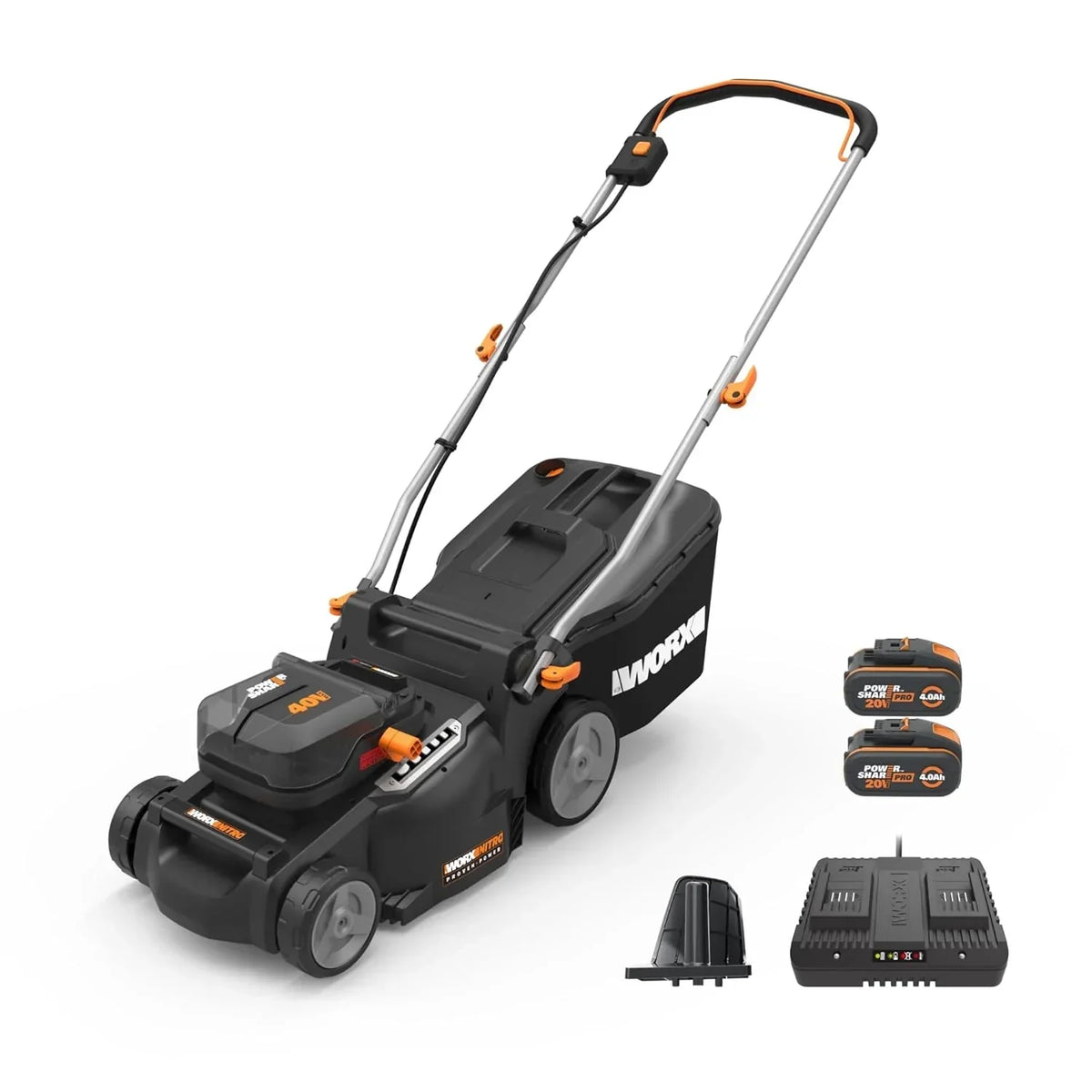Cortador de Grama a Bateria WORX WG737E Nitro 40 V (2 x 20 V), Potente Motor sem Escovas, Largura de Corte 37 cm, 6 Níveis de Altura de Corte (20 – 70 mm), Saco Coletor de Grama 40 L
