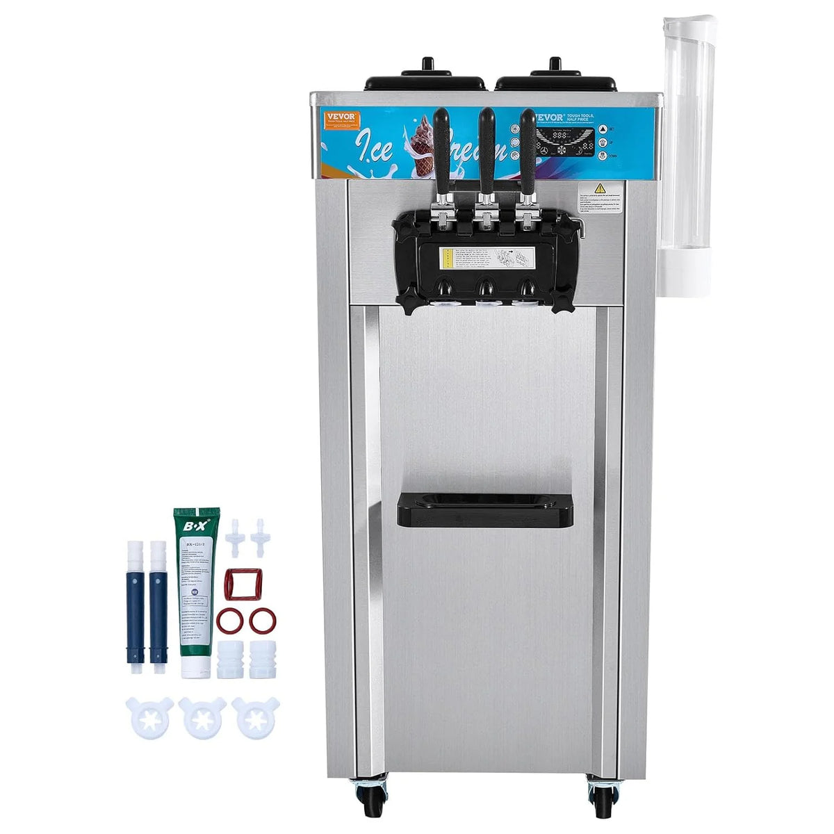 Máquina de Sorvete Comercial VEVOR 21-31 L/h 1500 W 3 Sabores Máquina de Fazer Sorvete 2 Tremonhas de 5,5 L Independente Pré-Resfriamento Limpeza Automática para Restaurante Bar Mercado Loja