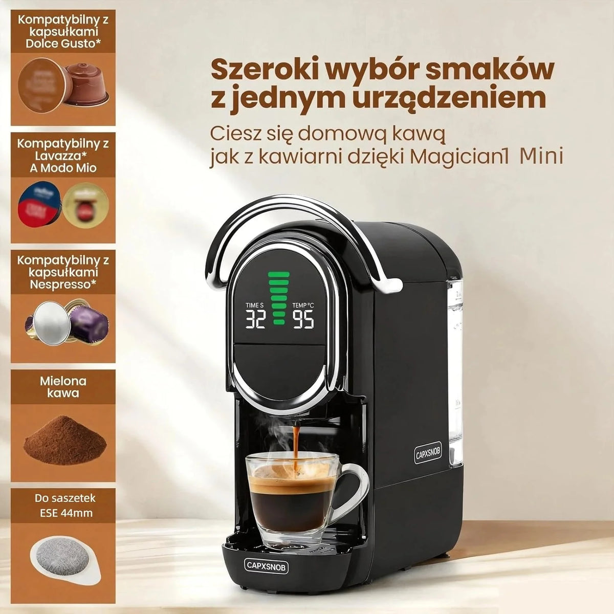 Máquina de Café Multicápsula 5 em 1 Mini Magician1, para Nespresso, Dolce Gusto, Lavazza A Modo Mio, Saquetas ESE 44mm e Café Moído, Bomba Italiana de 20 Bares, 1450W, Display LED, para Casa e Escritório