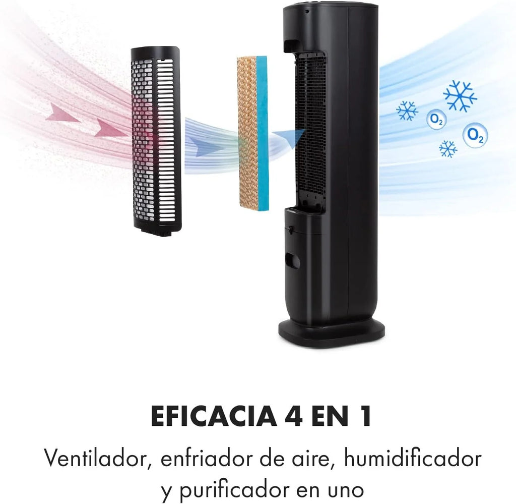 KLARSTEIN Polar Tower Smart Climatizador Evaporativo – 4 em 1: Ventilador, Umidificador e Purificador, Controle por App e Alexa, Tanque de 7L, 3.306 m³/h, Modo Noturno, Portátil com Rodas, Preto