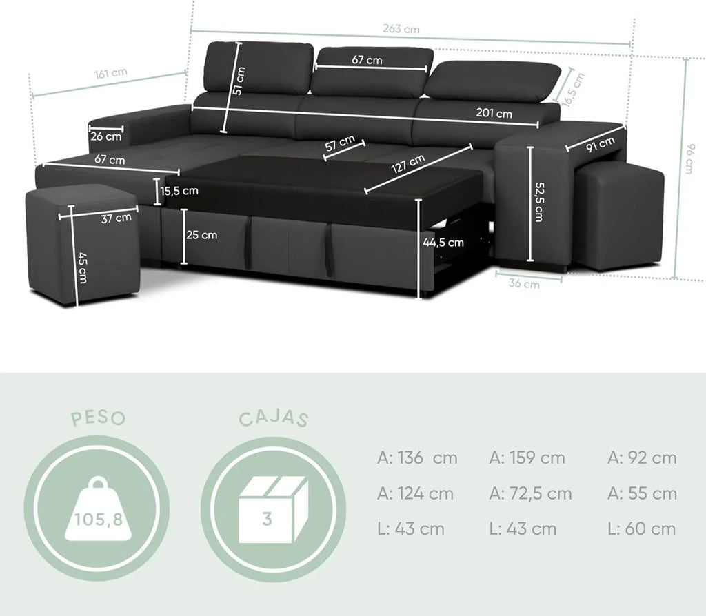 BUDWING John Sofá-Cama de Canto 4 Lugares - Chaise Longue Reversível, Apoio de Cabeça Ajustável e 2 Pufes – Estofado em Poliuretano – Estilo Moderno – 263x161x96 cm – Preto