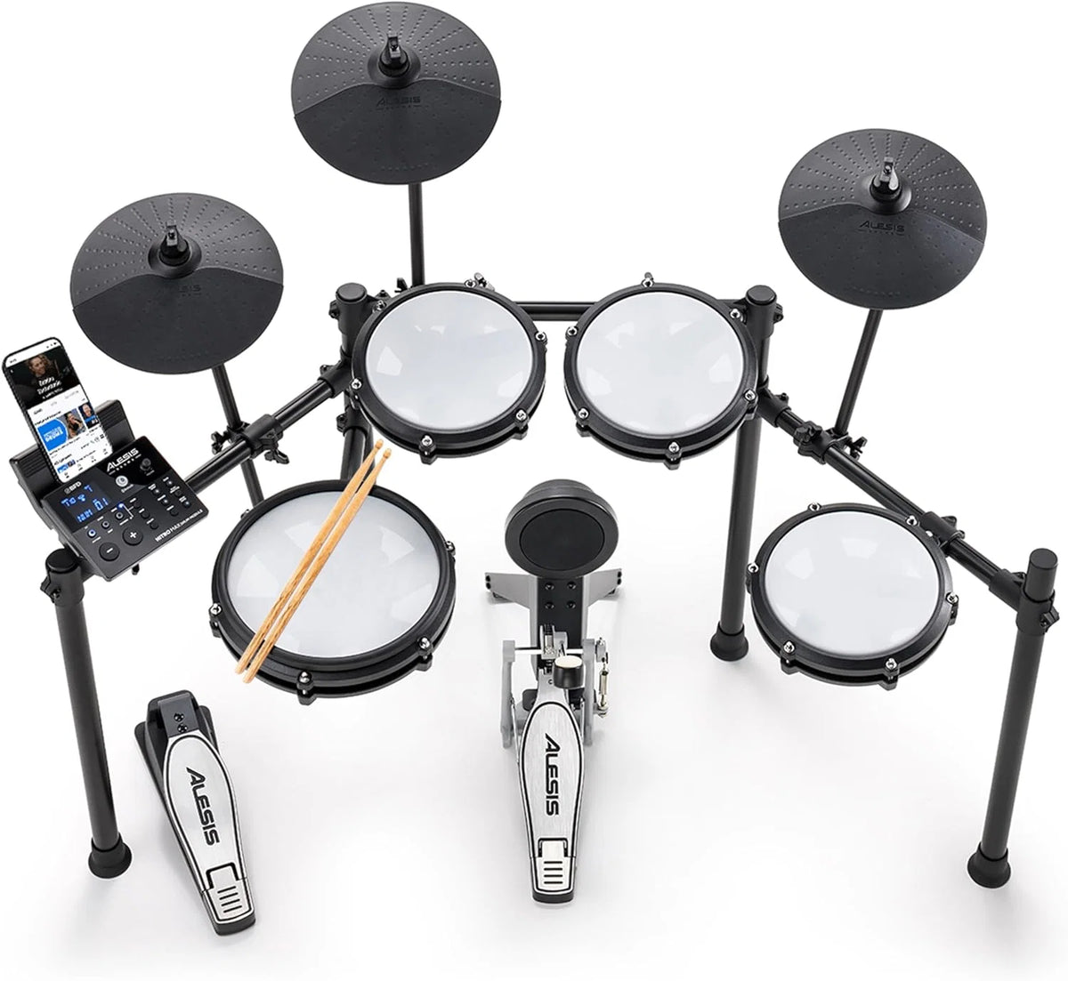Alesis Nitro Max Kit Bateria Eletrônica com Pads de Mesh Silenciosos, Caixa Dual-Zone de 10", Bluetooth, Mais de 440 Sons Autênticos, Aulas Drumeo, USB MIDI, Pedal de Bumbo