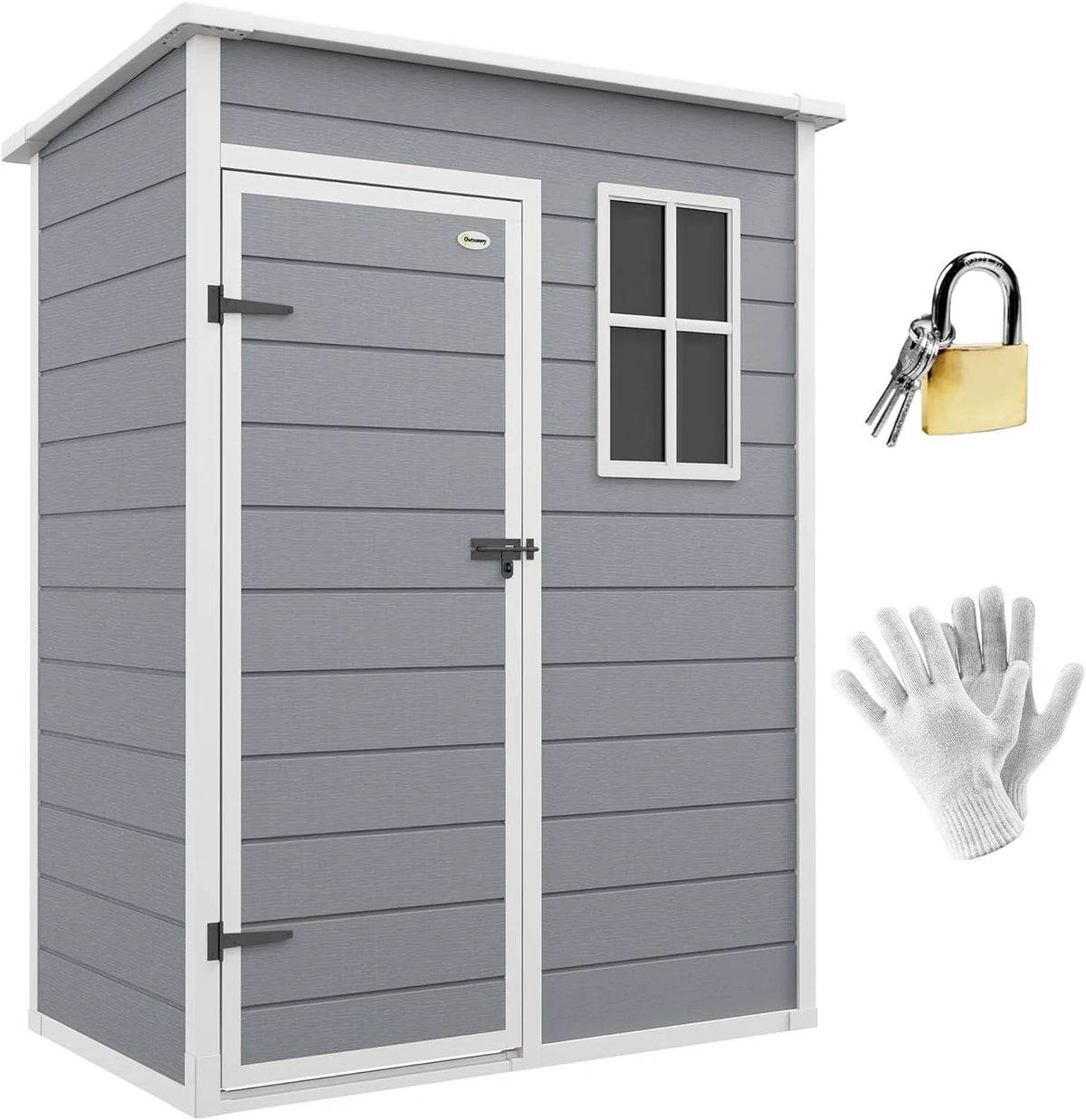 Outsunny Galpão de Jardim Exterior, 1,14 m², 151x92x193 cm, Abrigo de Jardim Exterior com Piso, Porta Deslizante, Janela e Teto Inclinado, para Armazenamento de Ferramentas, Cinzento