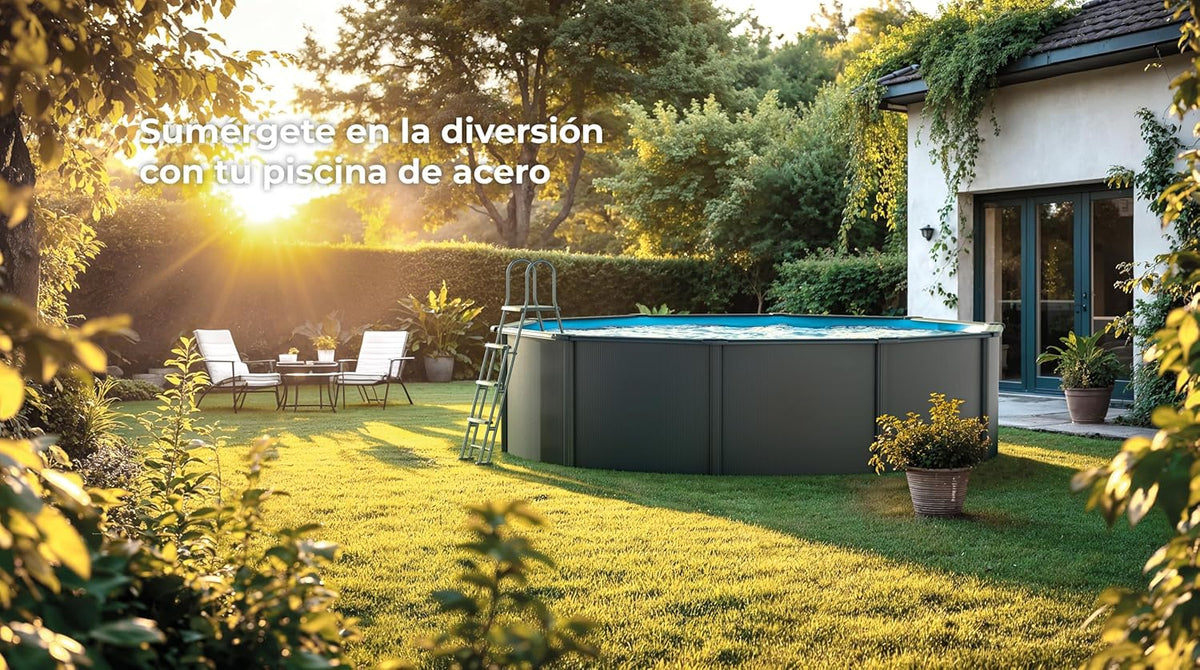 Gre KIT240GF Piscina de Aço Elevada, Redonda com Aparência de Aço Grafite, Piscinas Desmontáveis para Jardim, 240 x 120 cm, Kea