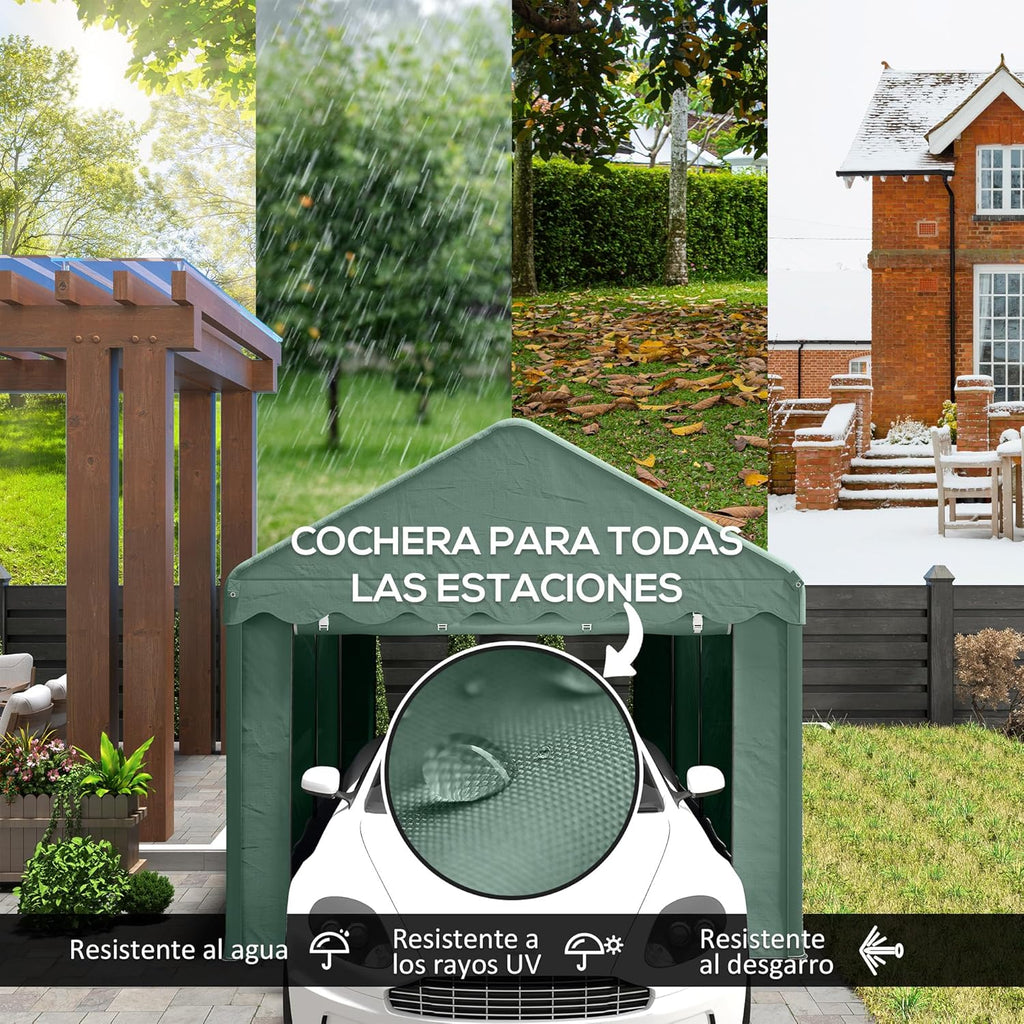 Outsunny Garagem Barraca 6x3m Garagem Externa para Carro Impermeável Garagem Portátil Anti-UV com Paredes Laterais Removíveis e 2 Portas com Zíper Verde