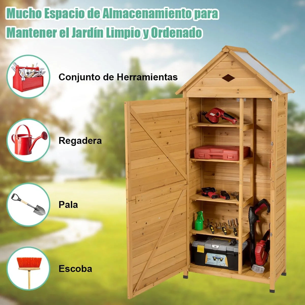 COSTWAY Galpão de Armazenamento de Madeira para Jardim, Armário de Jardim de Madeira com 5 Prateleiras e 2 Portas Trancáveis, Caixa de Ferramentas de Jardim com Telhado Impermeável para Jardim, Varanda e Terraço (70x45x160cm)