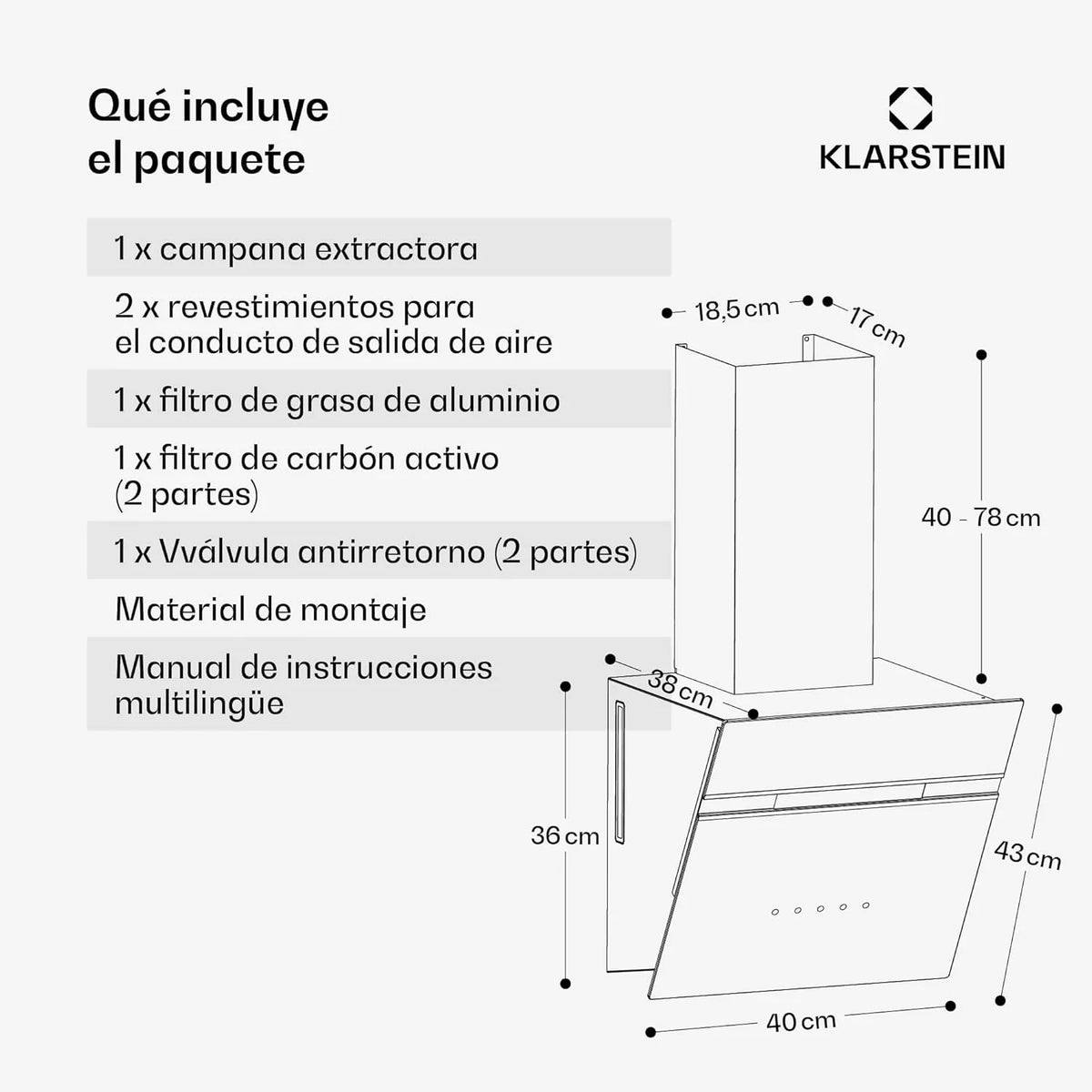 KLARSTEIN Alina Campana Extratora - 570 m³/h, Classe A, LED, 54 dB, Recirculação & Extração, Coifa Decorativa, Painel Touch, 39,8 cm de Largura, Preto