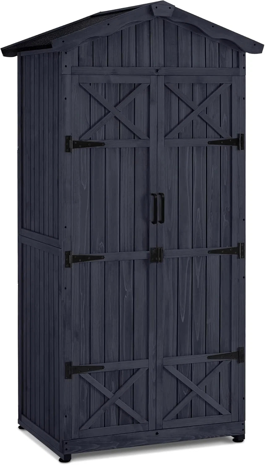 MCombo Armário de Jardim, Galpão de Madeira Resistente às Intempéries, Armário Exterior Impermeável com Chão, para Uso Externo em Varandas, 74×99×193 cm (Cinza Antracite)
