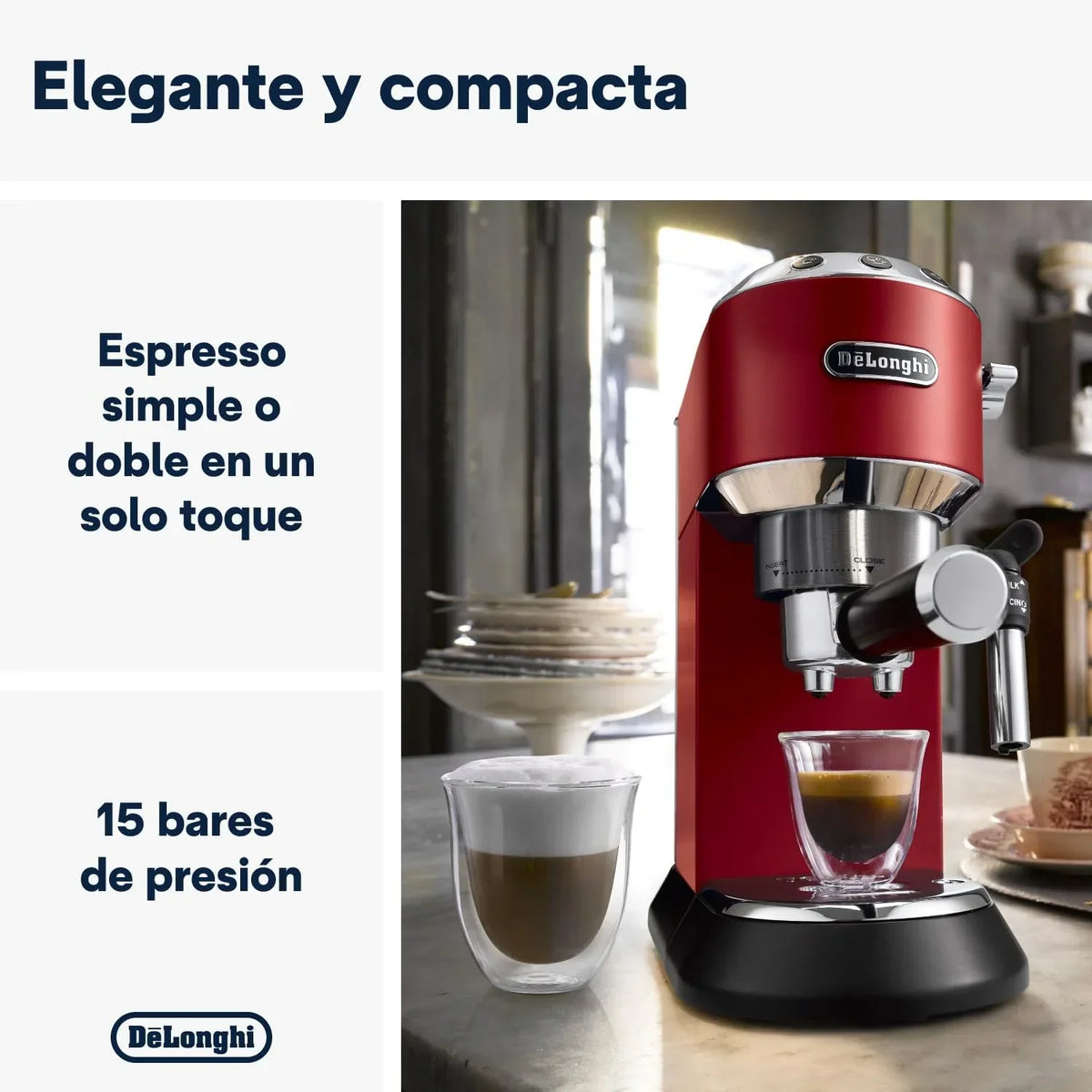 De'Longhi Dedica – Cafeteira de Bomba em Aço Inoxidável para Café Moído ou Saquetas, Espresso e Cappuccino, Reservatório de 1.3 Litros, Sistema Anti-pingo, Modelo EC685.M, Cor Metal