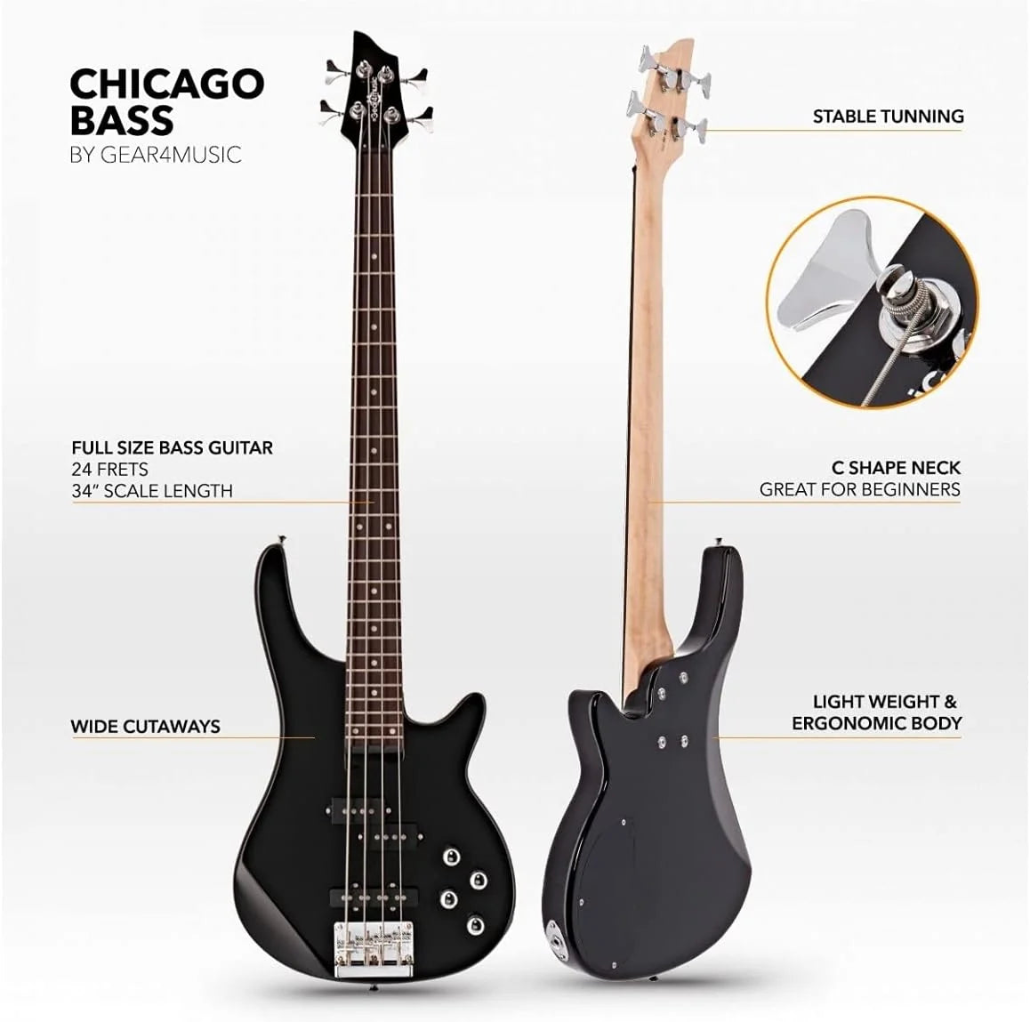Baixo Elétrico de 4 Cordas Gear4music Chicago com Amplificador de 15 W, Preto