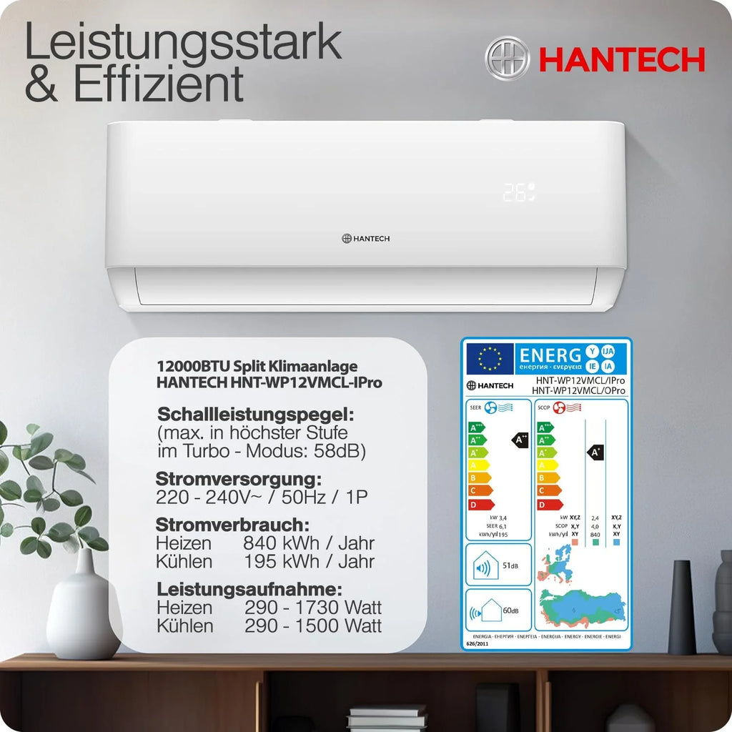 HANTECH Ar condicionado Split 12000 BTU H-PRO função de aquecimento e resfriamento, filtro de ar, WIFI, material de montagem
