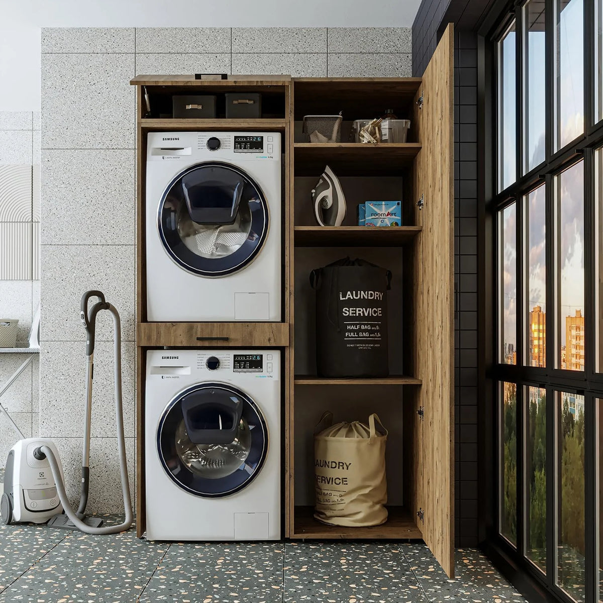 Wall cabinet, dryer over washing machine, 127 cm wide, washing machine tower, shelving unit (3 shelves, oak