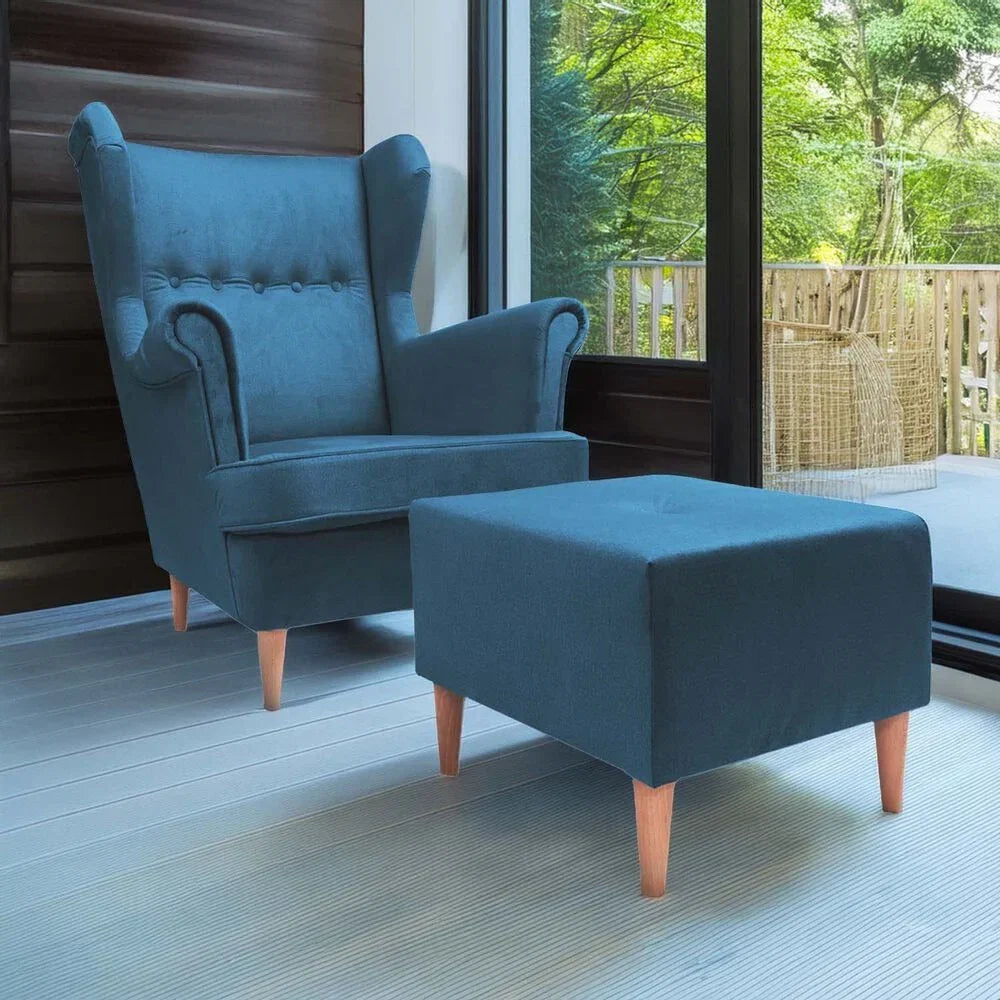 Poltrona de Orelha Jane Royal com Puff, Turquesa