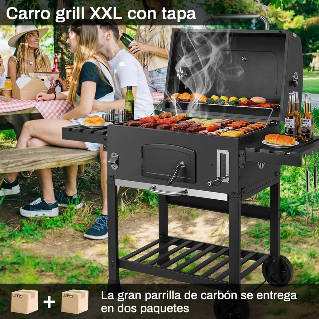 Churrasqueira a Carvão XXL, Churrasqueira a Carvão com Chaminé e Tampa, Churrasqueira com Carrinho, Defumador de Churrasco com Rodas e Termômetro, Churrasqueira Grande a Carvão para Acampamento e Jardim