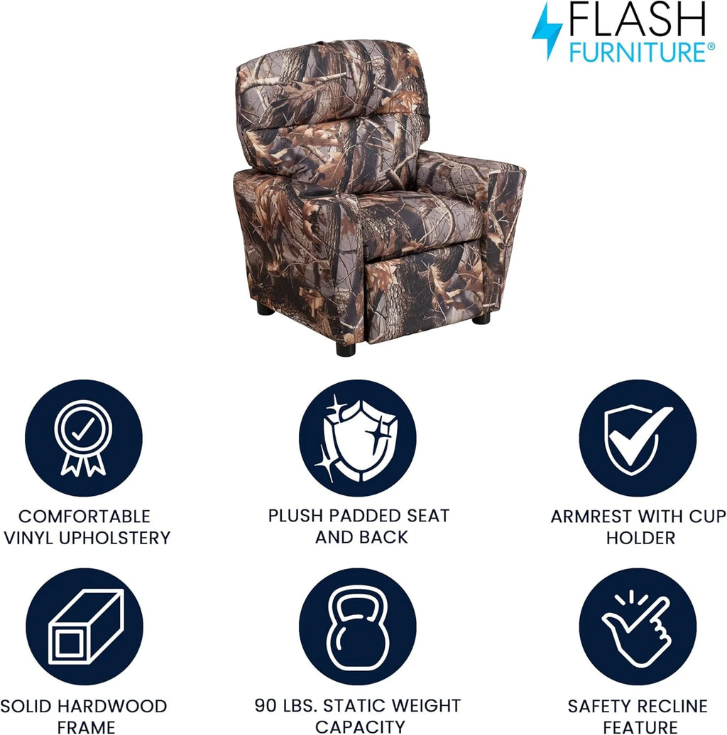 Poltrona Reclinável Infantil Contemporânea Flash Furniture com Porta-Copos, Madeira, Vinil Bege, 66,04 x 53,34 x 53,34 cm