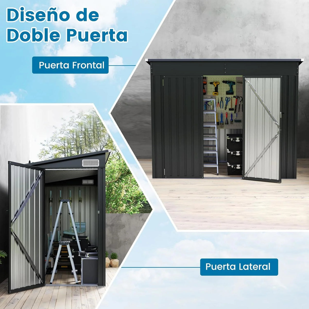 COSTWAY Abrigo de Jardim Exterior, 235 x 117 x 185 cm, Abrigo de Jardim Exterior com 2 Portas, Telhado Inclinado, Abrigo Organizador de Metal Galvanizado, Organizador de Ferramentas para Jardim e Pátio