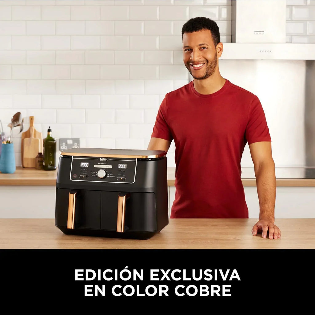Fritadeira Ninja Foodi MAX de Compartimento Duplo, 9.6L, 6 em 1, Sem Óleo, Max Crisp, Assar, Grelhar e Mais, Pinças, 8 Porções, Cestos Antiaderentes, Cobre e Preto, AF400EUCP