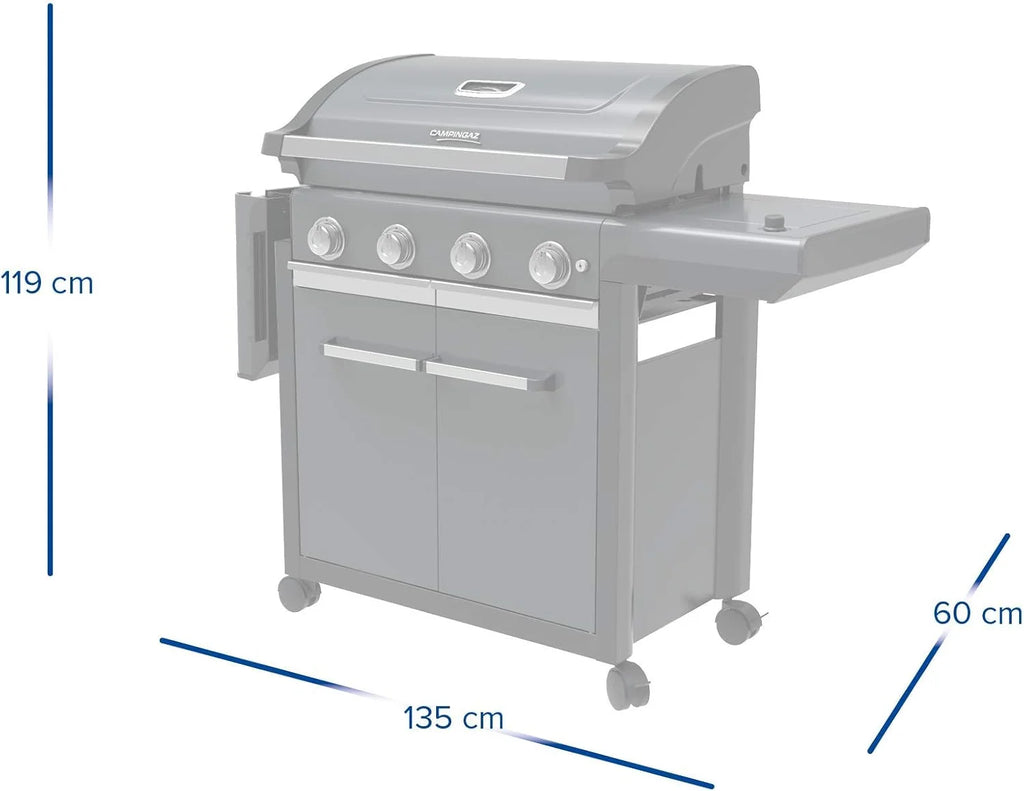 Campingaz Churrasqueira a Gás Série 4 Premium S, churrasqueira a gás com 4 queimadores em aço inoxidável de 13,6 kW, 1 queimador lateral, tampa, termómetro, InstaClean Aqua, sistema modular culinário, fogão