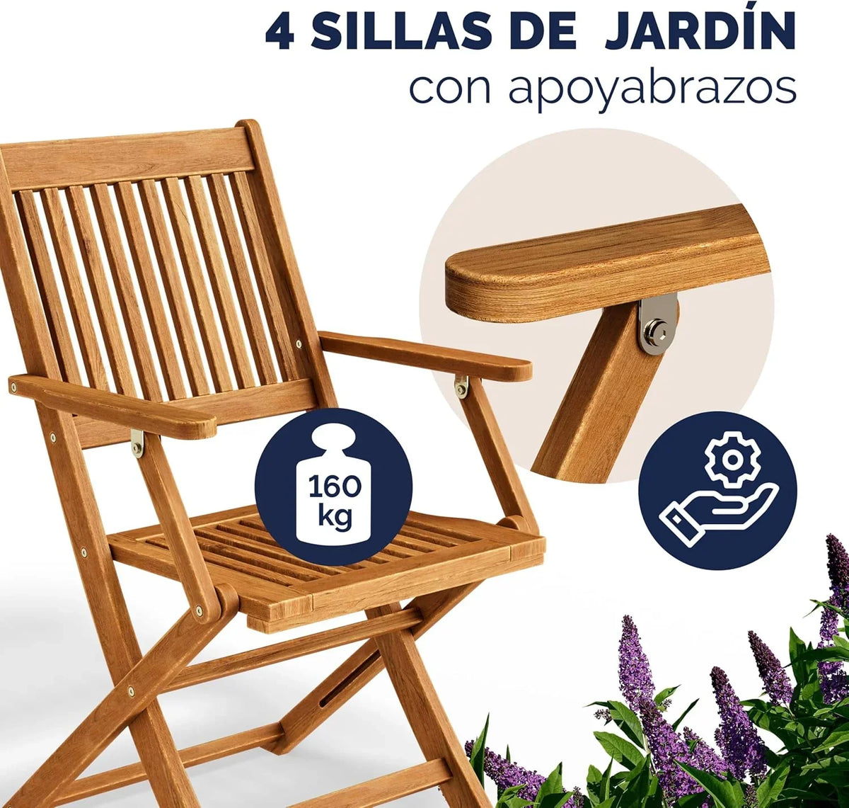 CASARIA® Conjunto de Mesa e 4 Cadeiras para Jardim Externo FSC® Madeira de Acácia Conjunto de Jantar Varanda Terraço Pátio 5 Peças Mesa Dobrável Assentos Braços Durável Resistente às Intempéries 120 x 70 cm