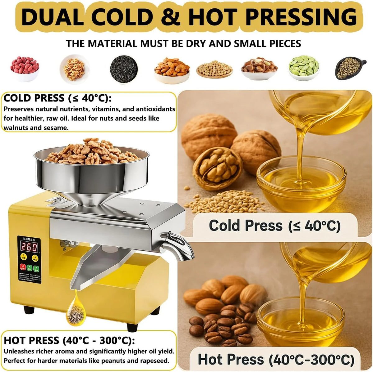 Prensa de Óleo Elétrica Automática 1500W | Extrator de Óleo de Aço Inoxidável a Frio e Quente | Para Caroços de Azeitona, Nozes, Gergelim, Coco, Soja, Amêndoas | Controle Inteligente de Temperatura