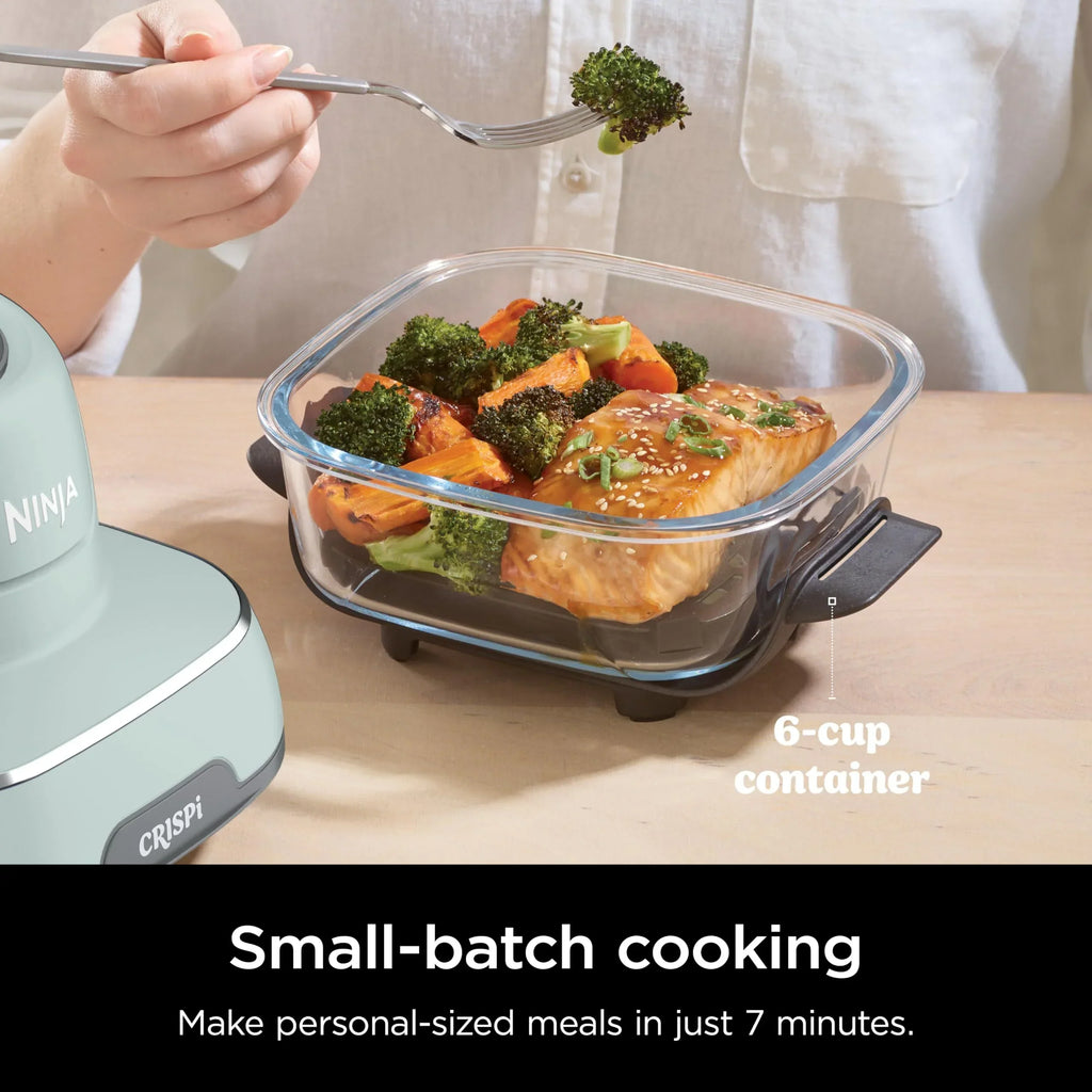 Fritadeira de Ar Quente Ninja Crispi 2026, Compatível com Micro-ondas, Freezer e Lava-louças, Sistema de Culinária Portátil em Vidro Não Tóxico, Recipiente de Vidro de 1,5 L com 6 Copos e Tampas