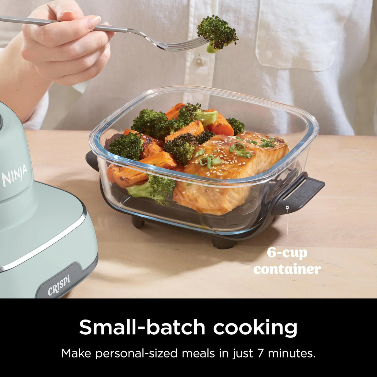 Fritadeira de Ar Quente Ninja Crispi 2026, Compatível com Micro-ondas, Freezer e Lava-louças, Sistema de Culinária Portátil em Vidro Não Tóxico, Recipiente de Vidro de 1,5 L com 6 Copos e Tampas