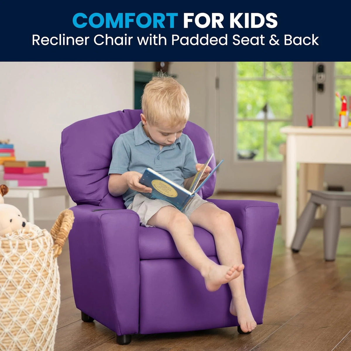 Poltrona Reclinável Infantil Contemporânea Flash Furniture com Porta-Copos, Madeira, Vinil Bege, 66,04 x 53,34 x 53,34 cm