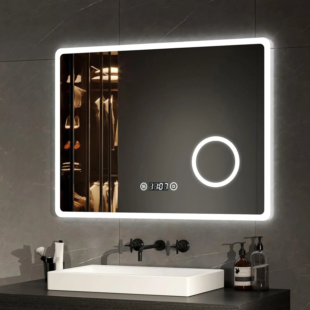 Espelho LED para Banheiro EMKE 90 x 70 cm, com Interruptor de Toque, Antiembaçamento, Lupa 3X, Relógio, 6500K