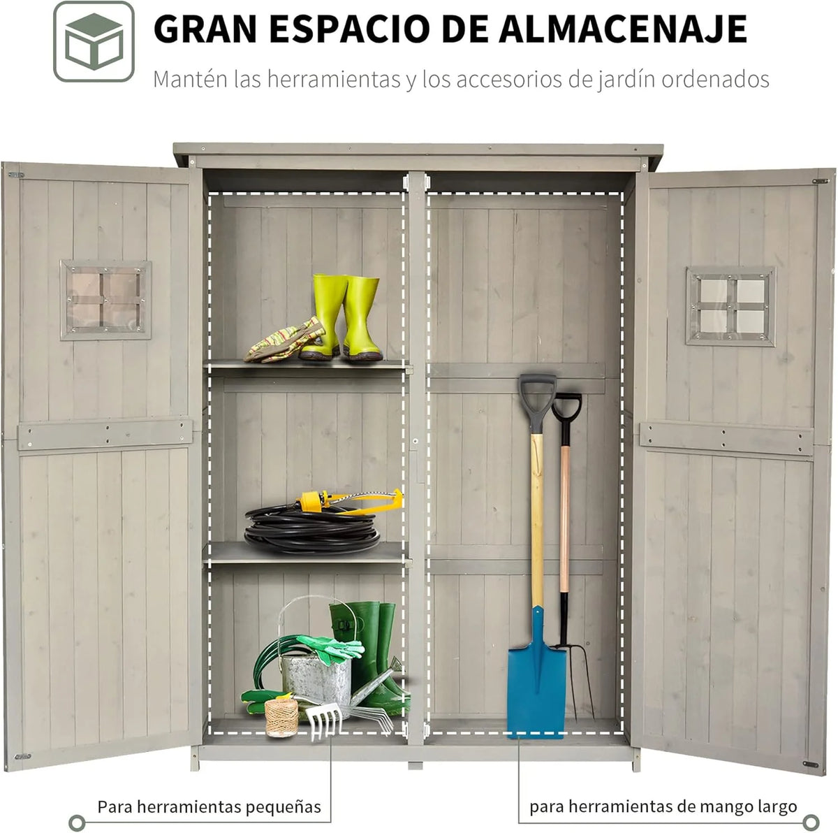 Outsunny Abrigo de Madeira Casinha de Jardim Armário Ferramentas de Jardinagem Portas Duplas Telhado Impermeável Compartimentos de Diferentes Tamanhos 127.5x50x164cm Madeira Maciça