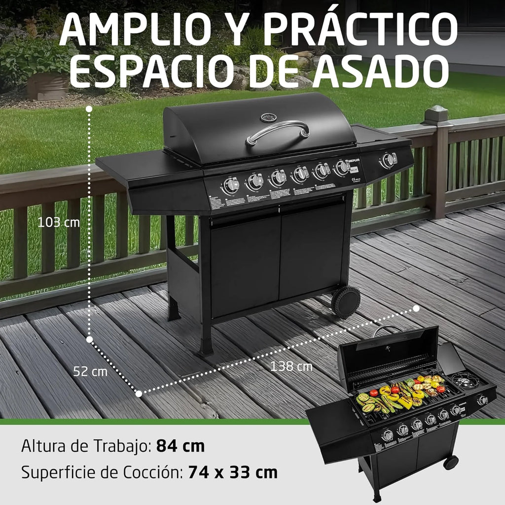 Amig - Churrasqueira a Gás Fireplus 6+1 de 12,9 kW - Aço Inoxidável Preto - Grelhador com Rodas Modelo GRILL-6F - Churrasqueira XXL com Carro e Termômetro - 138x52x103 cm - 7 Queimadores e Bandeja Lateral