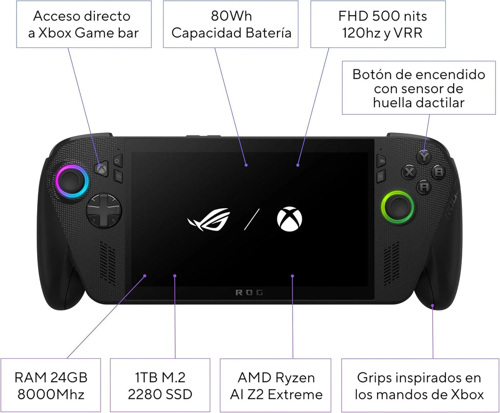 ASUS ROG Ally X - Console Portátil Gamer 7" Full HD 120Hz (AMD Ryzen AI Z2 Extreme, 24GB RAM, 1TB SSD, Bateria 80Wh, Windows 11, Ganhe 3 meses grátis de Game Pass Premium) - Cor Preto