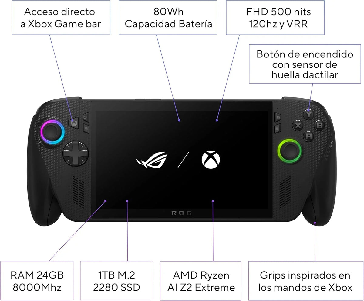 ASUS ROG Ally X - Console Portátil Gamer 7" Full HD 120Hz (AMD Ryzen AI Z2 Extreme, 24GB RAM, 1TB SSD, Bateria 80Wh, Windows 11, Ganhe 3 meses grátis de Game Pass Premium) - Cor Preto